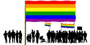 The LGBTQ+ Flag with silhouettes of people underneath